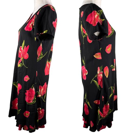 Vintage Hampton Dress Co Dress 8 Midi Black Red Tulips - Picture 2 of 12
